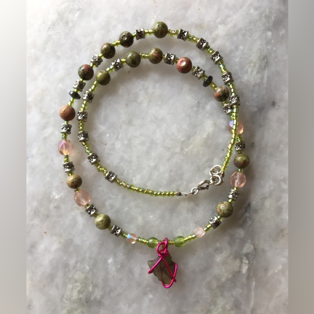 Natural Moldavite Necklace with Unakite Stones, Czech Crystals & Wire Wrapped π - Picture 5 of 15